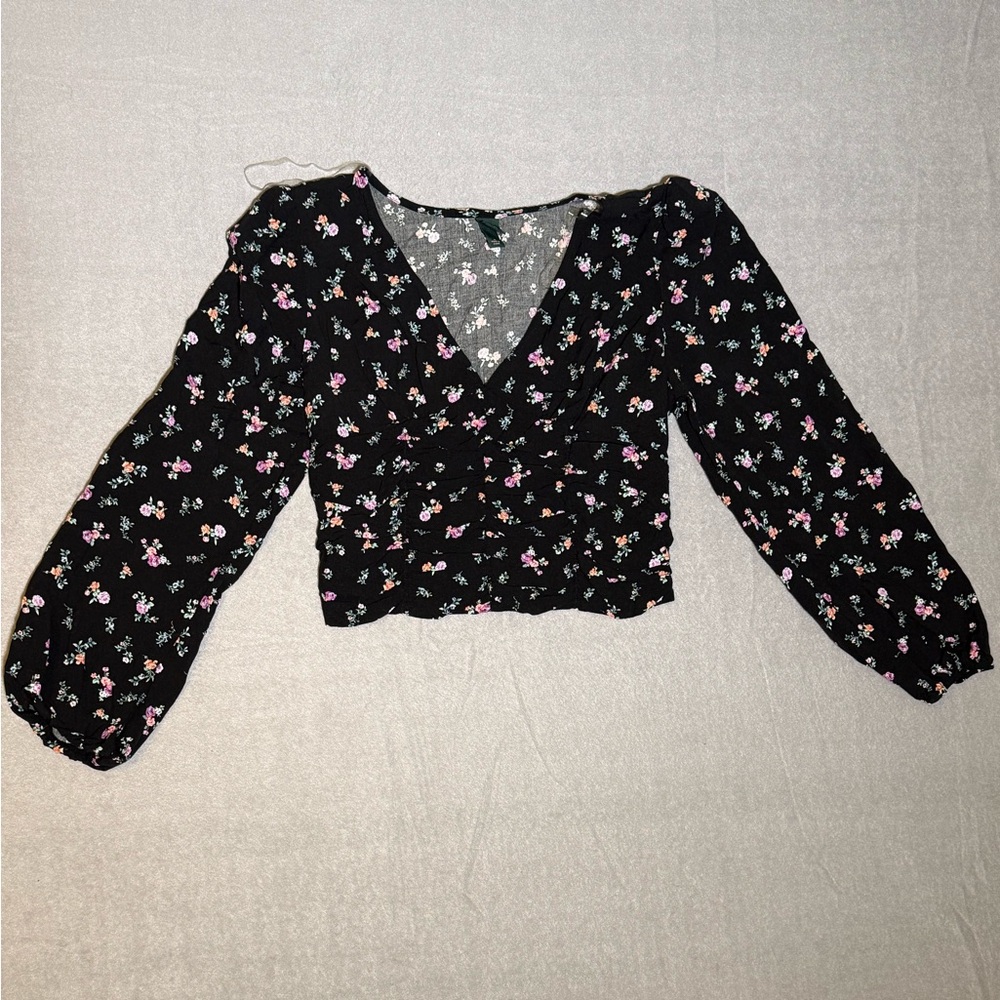 Wild Fable Women’s  Long Sleeve V-Neck Cinched Front Top - Black Floral Size M